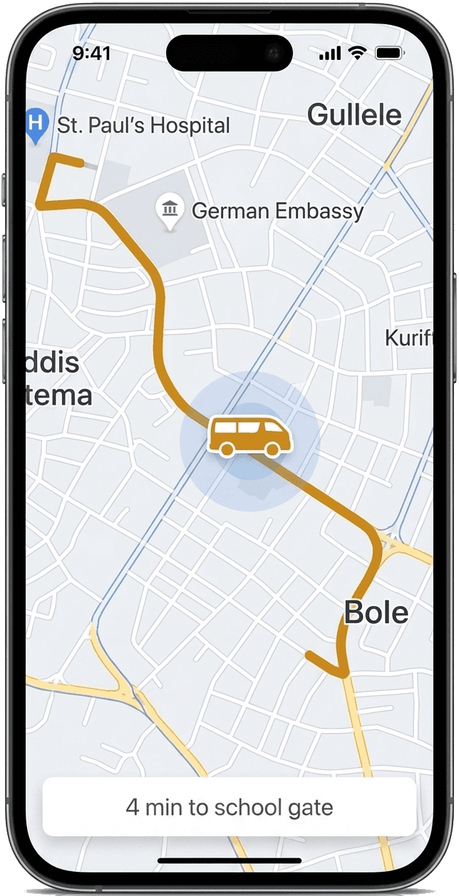 Live map tracking in Addis Ababa — 4 minutes to the school gate
